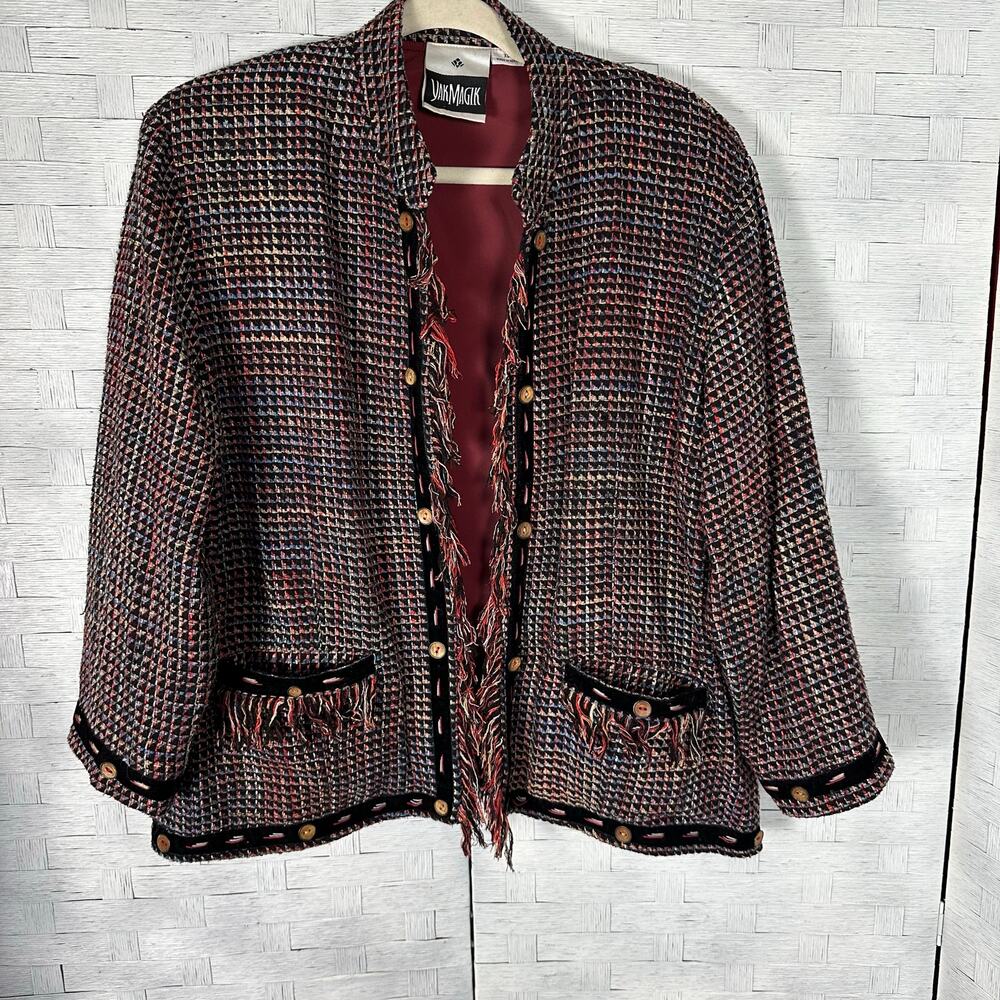 YukMagik Womens open front blazer fringe wooden button bohemian heritage